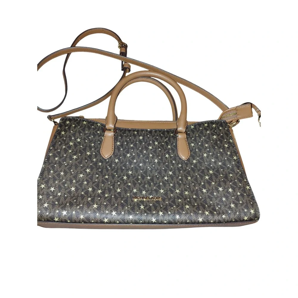 Michael Kors Signature Star Print Satchel Crossbody Bag Brown Gold Logo Handbag